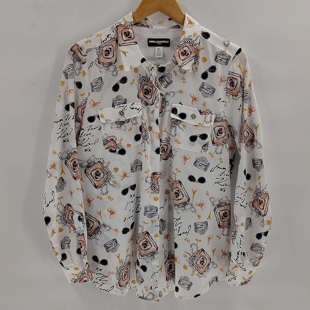 Karl Lagerfeld Paris button down blouse size medium white perfume bottle print